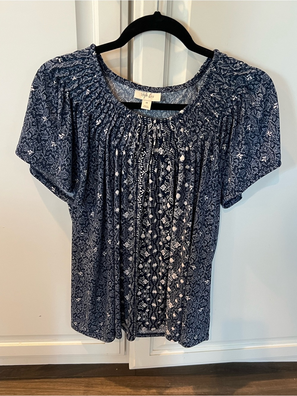 Style & Co. Navy Floral Print Short Sleeve Smocked Top